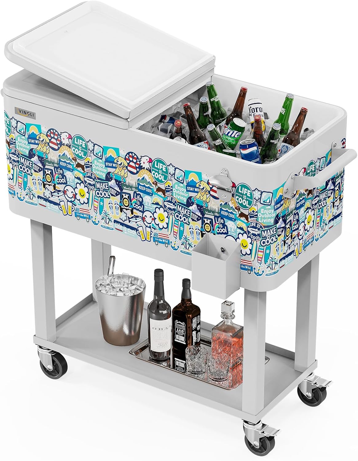 VINGLI Rolling Ice Chest, Portable Patio Party Bar Drink Cooler Cart, with Shelf, Beverage Pool with Bottle Opener