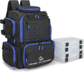 Large Fishing Backpack with 4 Tackle Boxes - Waterproof Fishing Tackle Backpack with Fishing Rod Holder - Heavy Duty 43L Fishing Tackle Box for your Fishing Lures and Fishing Gear