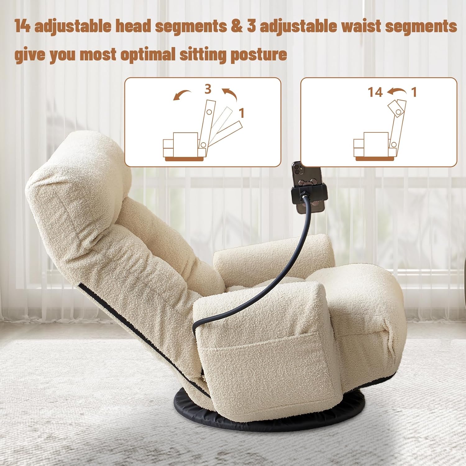 Teddy 360° Swivel Floor Gaming Sofa Chair - Beige | Adjustable Head & Waist Support, Padded Cushion, Folding Gaming Lounge Chair with Armrests & Phone Holder | Home Office
