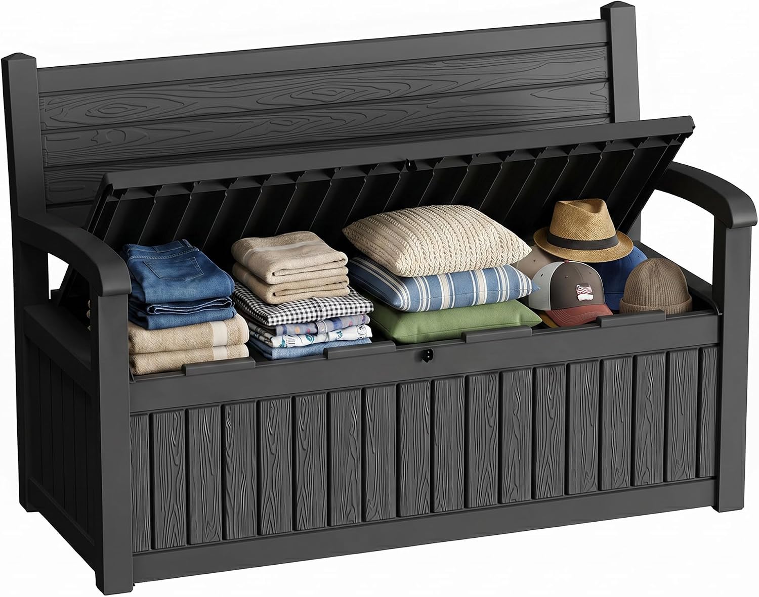 80 Gallon Outdoor Storage Bench Spacious Storage Box Waterproof Resin Deck Box Lockable for Patio, Garden, Living Room & Outdoor Spaces（Black）
