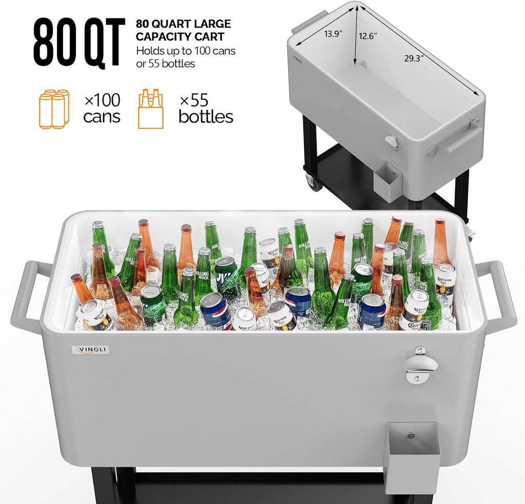VINGLI 80 Quart Rolling Ice Chest on Wheels, Portable Patio Party Bar Drink Cooler Cart, with Shelf, Beverage Pool with Bottle Opener,Water Pipe