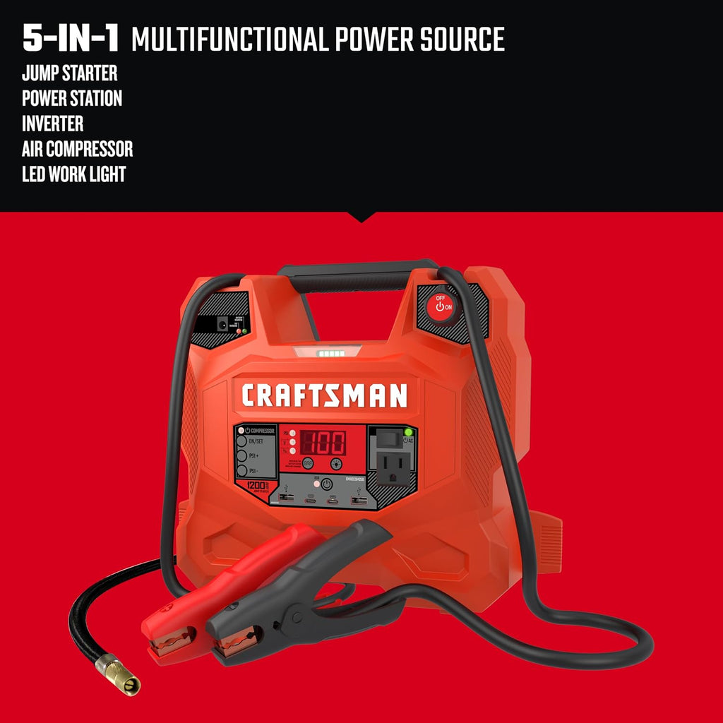 CRAFTSMAN 1200A Car Battery Jump Starter and Portable Power Station, 5-in-1 Solution, 100-PSI Air Compressor, for 12V Power Sport, Automotive, and Marine Batteries, CMXCESM256