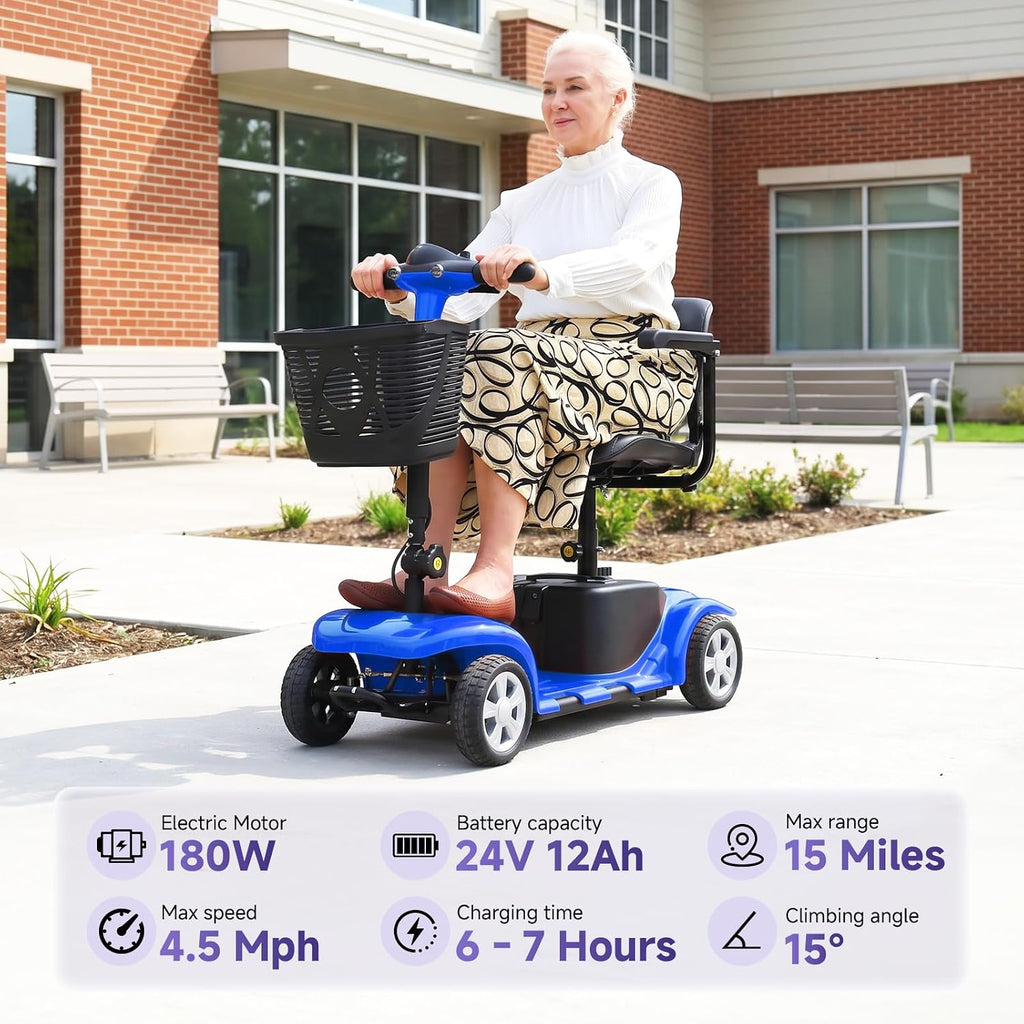 Mobility Scooter for Adults, Senior, 4 Wheels Electric Powered Chargeable Device for Travel, Lightweight Mobility Scooter, with LED Headlights and Basket, Charger Included