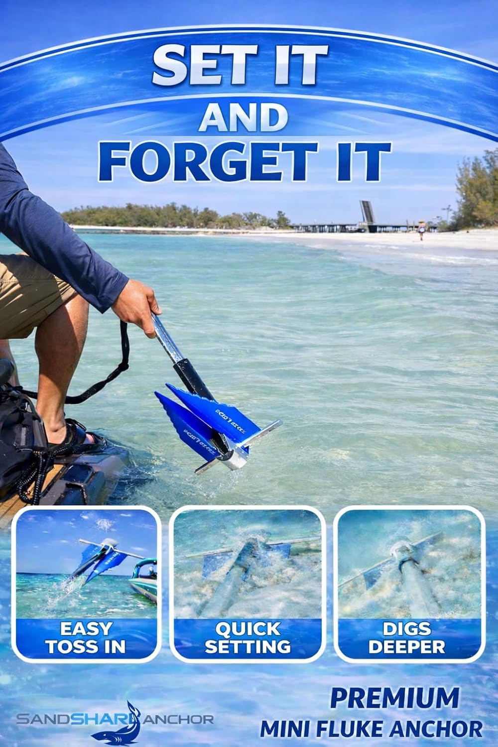 SandShark Premium Fluke Anchor-Retractable Shaft Easy Storage-Aluminum Pontoon Boat Anchor, Jet Ski Anchor. Boats<30 ft. Sand Anchor for Boat, Boat Anchor.