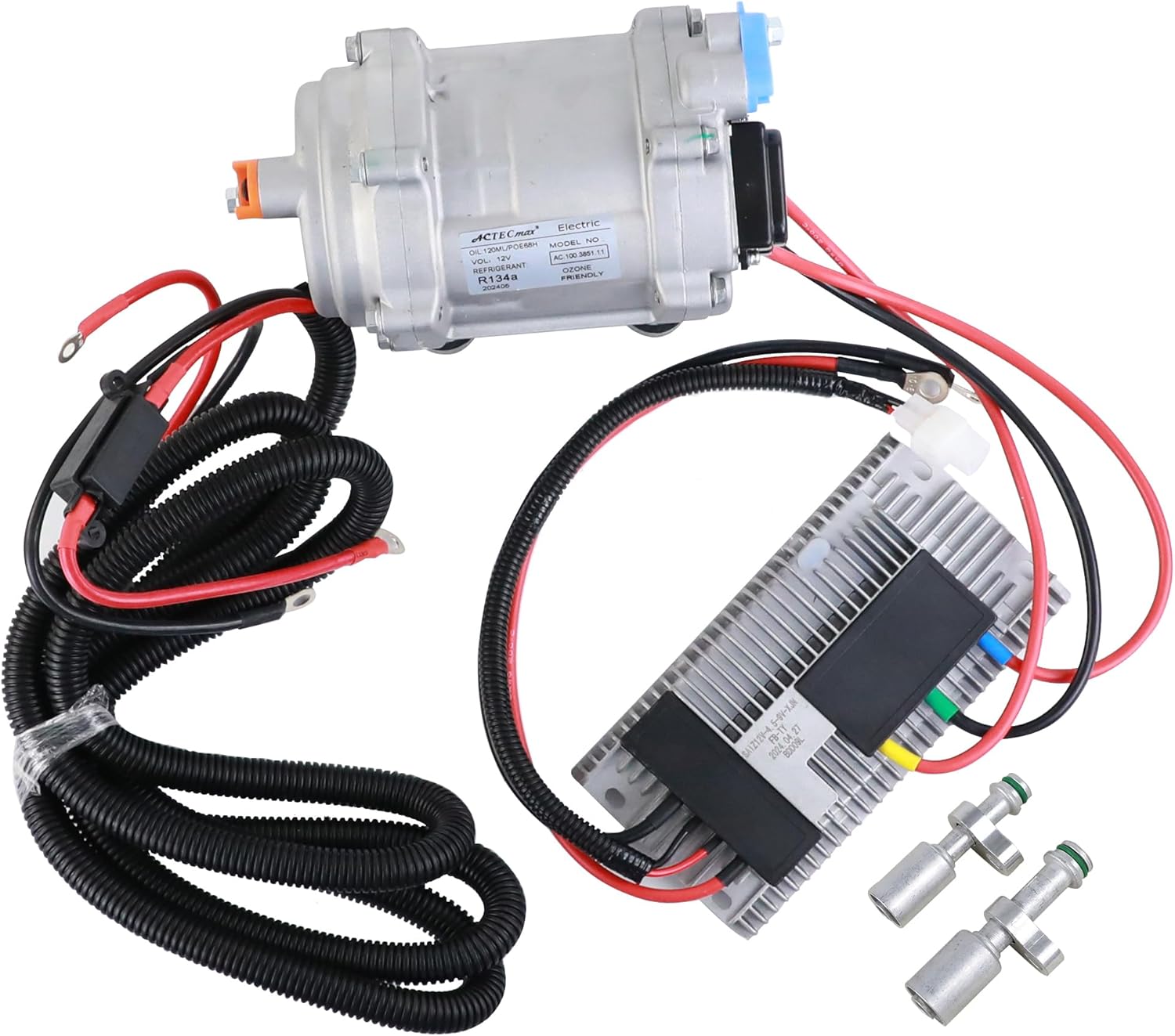 ACTEMAX Universal 12V Automotive Electric Air Conditioner Compressor Kit, Replacement A/C Compressor with External Control Panel, with Extra Power Cord and Straight Fittings