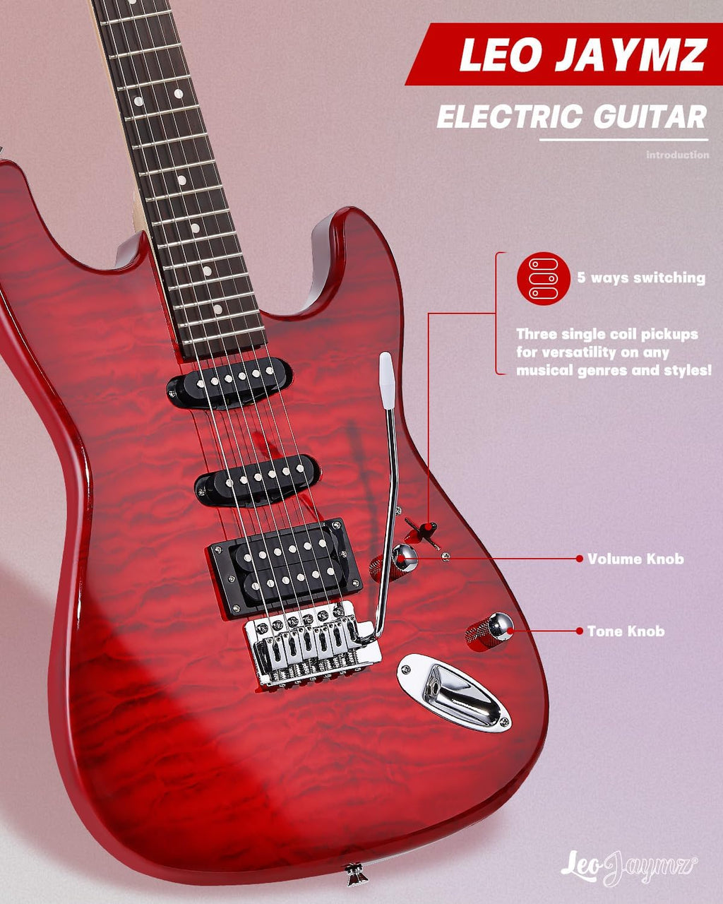 Leo Jaymz 39' Full Size ST Style Electric Guitar Starter Kit with SSH Pickup, 5W Portable Amp, Tuner, Gig Bag, Strap & Accessories (Red Ocean 5W)
