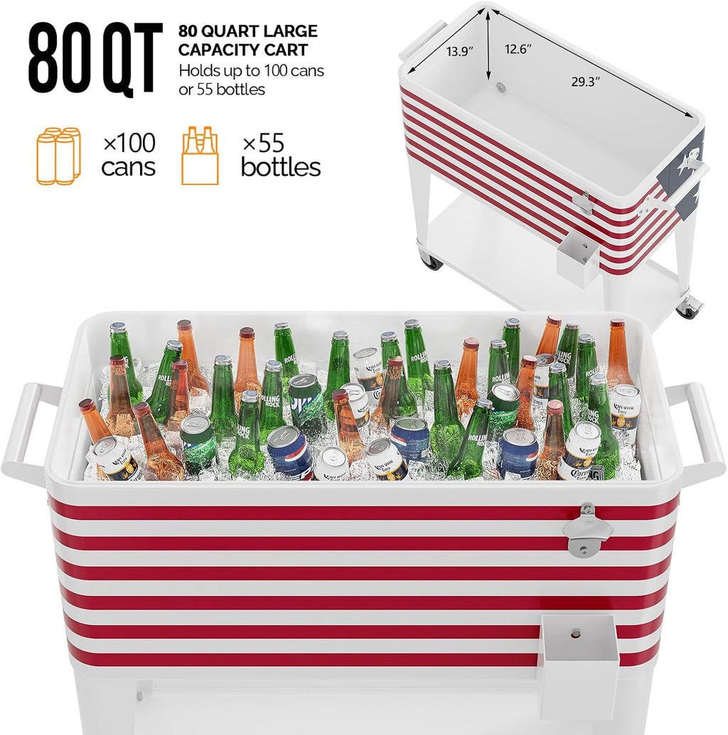 VINGLI Rolling Ice Chest, Portable Patio Party Bar Drink Cooler Cart, with Shelf, Beverage Pool with Bottle Opener