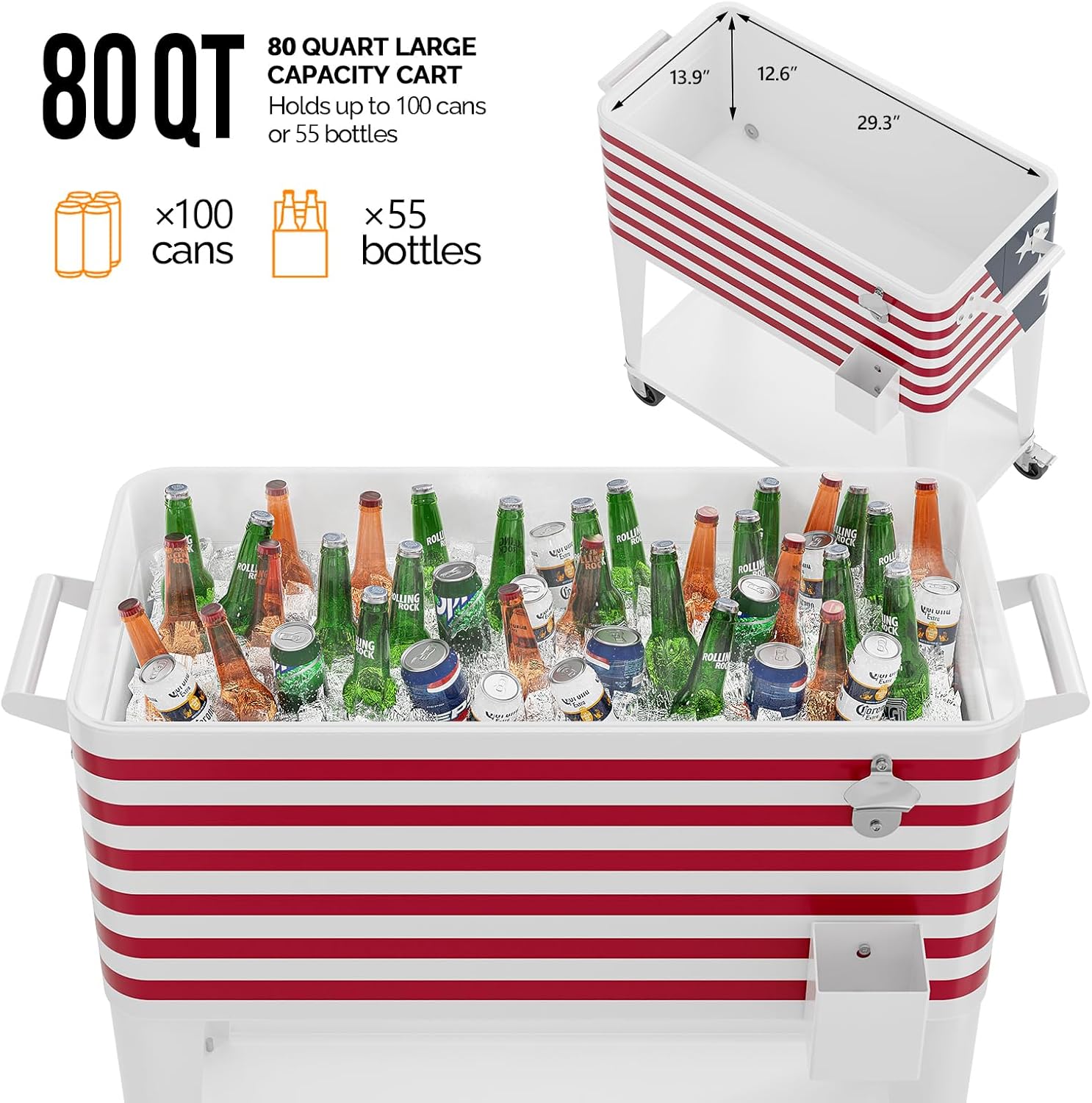 Outvita 80 Quart Rolling Ice Chest, Portable Bar Drink Cooler with Catch Basin, Bottom Storage Tray and Bottle Opener for Patio Party BBQ Beach Activities