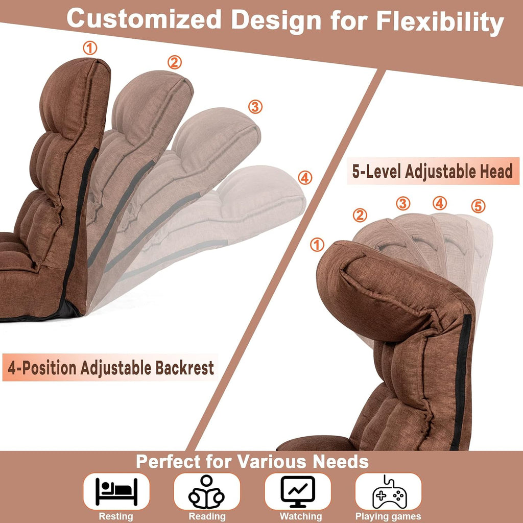 LDAILY Moccha Folding Floor Chair, Adjustable Sofa Chair with 5-Position Headrest & 4-Position Backrest, Floor Gaming Chairs with Thicken Cushion, Padded Chaise Lounge for Bedroom, Living Room, Brown