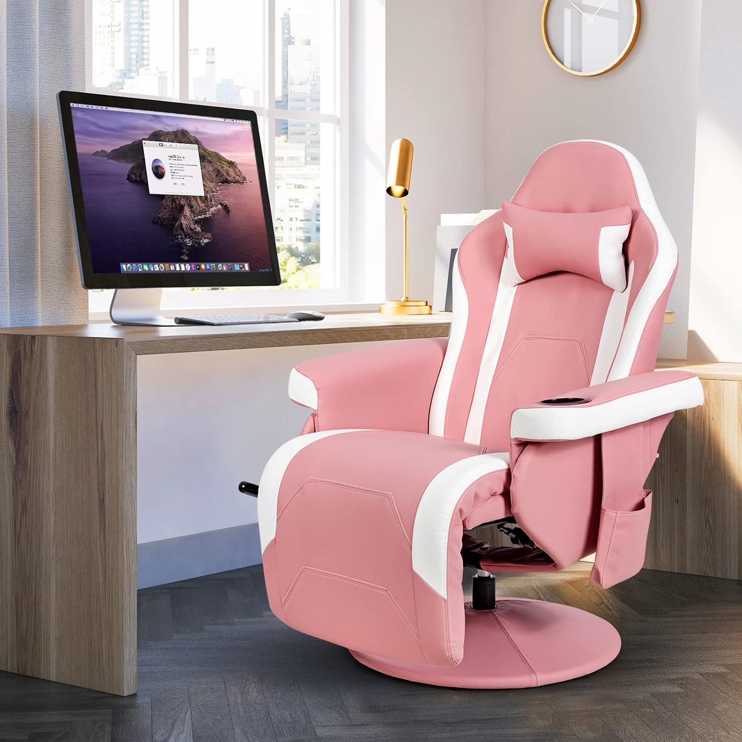 GYMAX Gaming Chair with Footrest, Massage Video Game Chairs for Adults with Remote, Adjustable Backrest, Headrest, Cup Holder & Side Pocket, Ergonomic High Back Office Computer Chair (Pink)