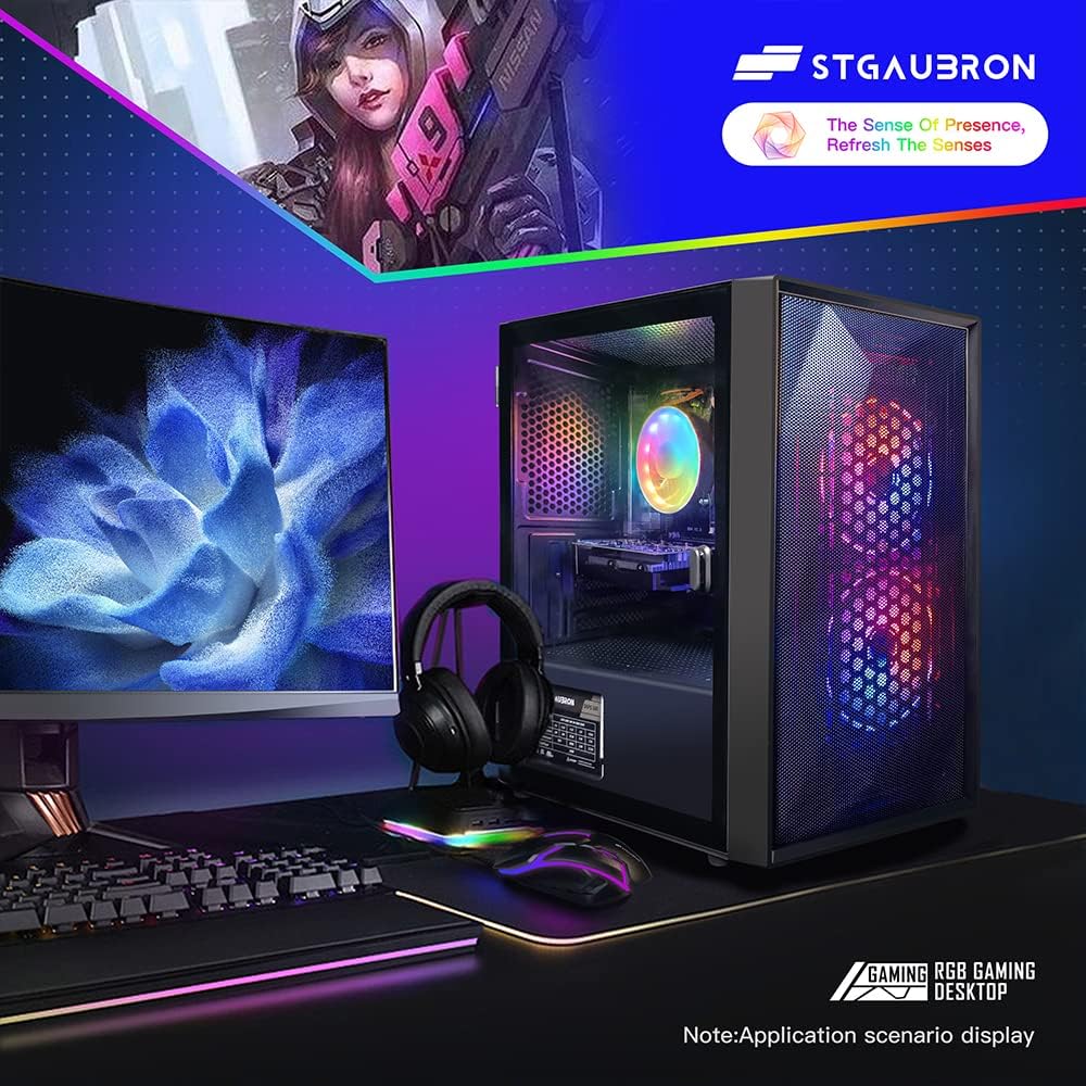 STGAubron Gaming PC Bundle with 24Inch FHD LED Monitor-Radeon RX 550 4G, Intel Core I5 up to 3.7G, 16G RAM, 512G SSD, RGB Fan x 2, Windows 11 Home