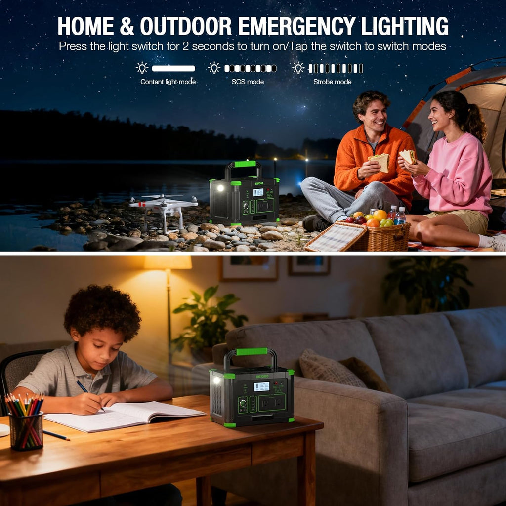 1000W Solar Generator 999Wh, Portable Power Station with 60W USB-C PD Output, 110V Pure Sine Wave AC Outlet Backup Lithium Battery for Outdoors Camping Travel Hunting Home (Peak 2000W)