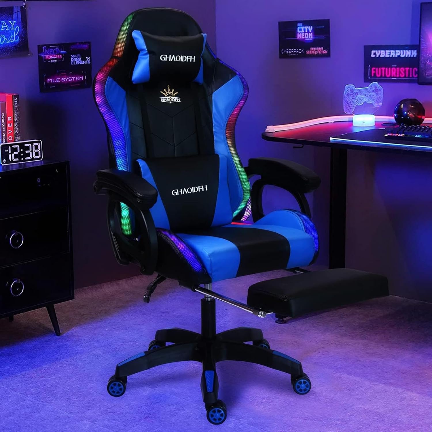 Video Gaming Chair with Footrest,Game Chair with Bluetooth Speakers,Computer Chair with LED Lights,Ergonomic Massage Gaming Chair with Massage Function,360°Swivel 90°-135° Adjustment Backrest (Blue)