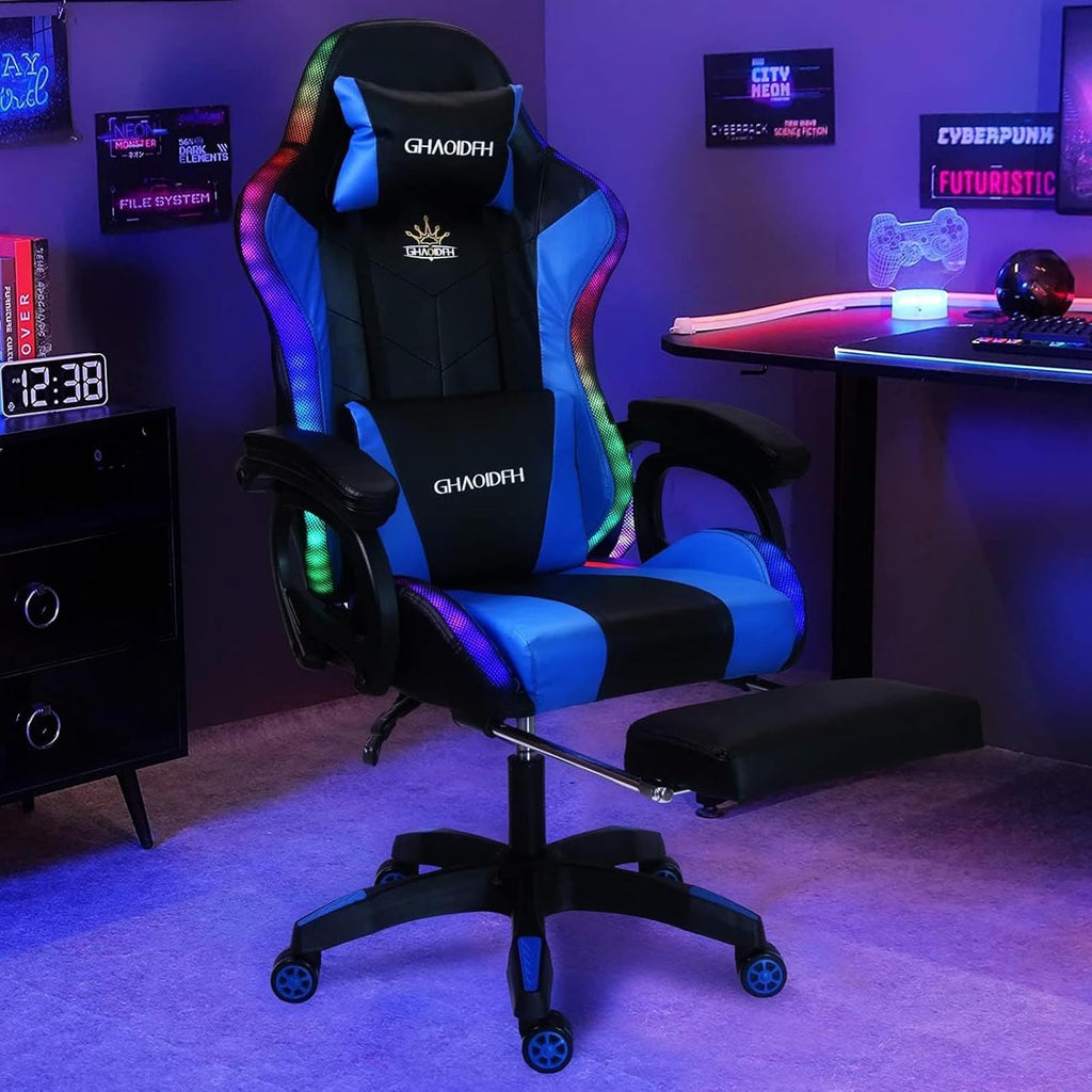 Gaming Chair with Bluetooth Speakers,Computer Chair Massage with LED Lights,Ergonomic Game Chair,Computer Stool with Footrest and Lumbar Support Height Adjustable with 360°-Swivel Seat (Blue)