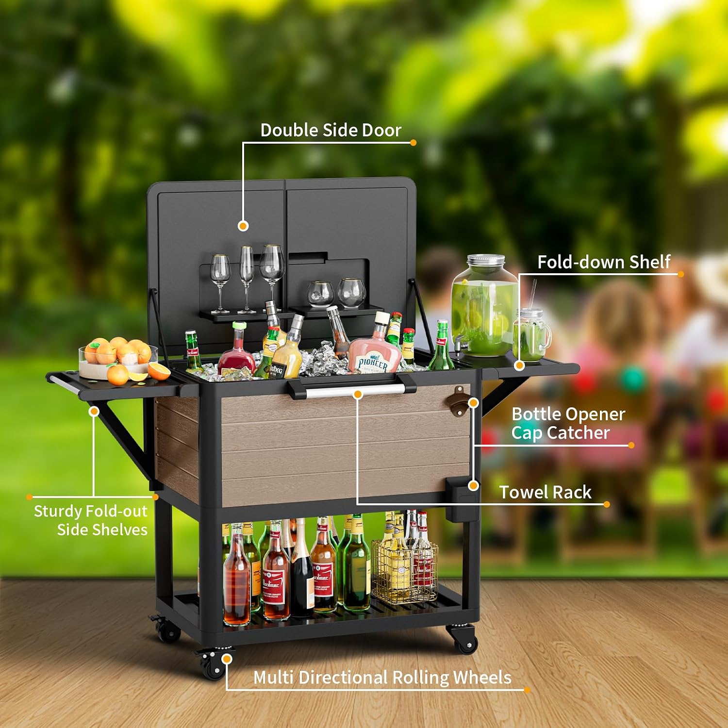104 Quart Patio Rolling Ice Chest Cooler Cart with Wheels, Portable Mobile Outdoor Coolers Bar Cart with Storage Shelf & Bottle Opener for Drinks, Party, Camping, Backyard, Deck, BBQ（Brown）