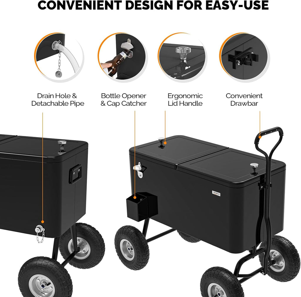 VINGLI 80 Quart Wagon Rolling Cooler Ice Chest, w/Long Handle and 10' Wheels, Portable Beach Patio Party Bar Cold Drink Beverage, Outdoor Park Cart on Wheels