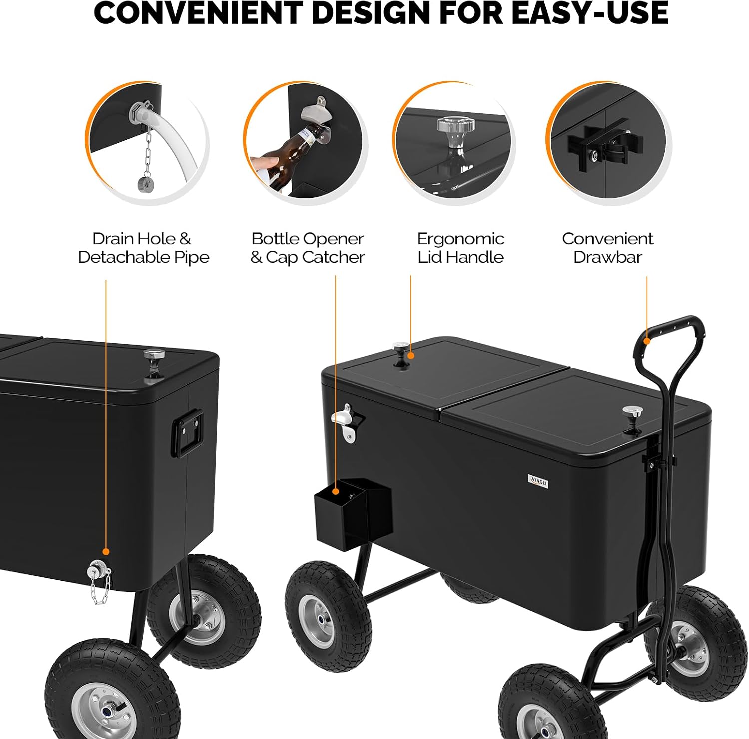 VINGLI 80 Quart Wagon Rolling Cooler Ice Chest, w/Long Handle and 10' Wheels, Portable Beach Patio Party Bar Cold Drink Beverage, Outdoor Park Cart on Wheels