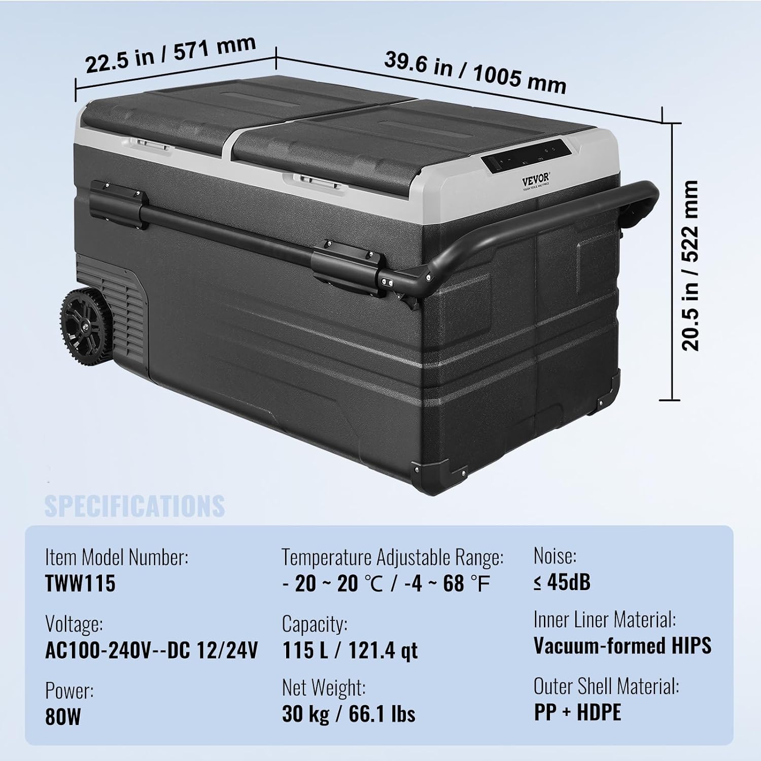 VEVOR Car Refrigerator 115L, Dual Zone Portable Freezer with Wheels & Handle, -4℉ to 68℉, 12/24V DC & 100-240V AC Compressor Cooler for Camping, Outdoor, RV
