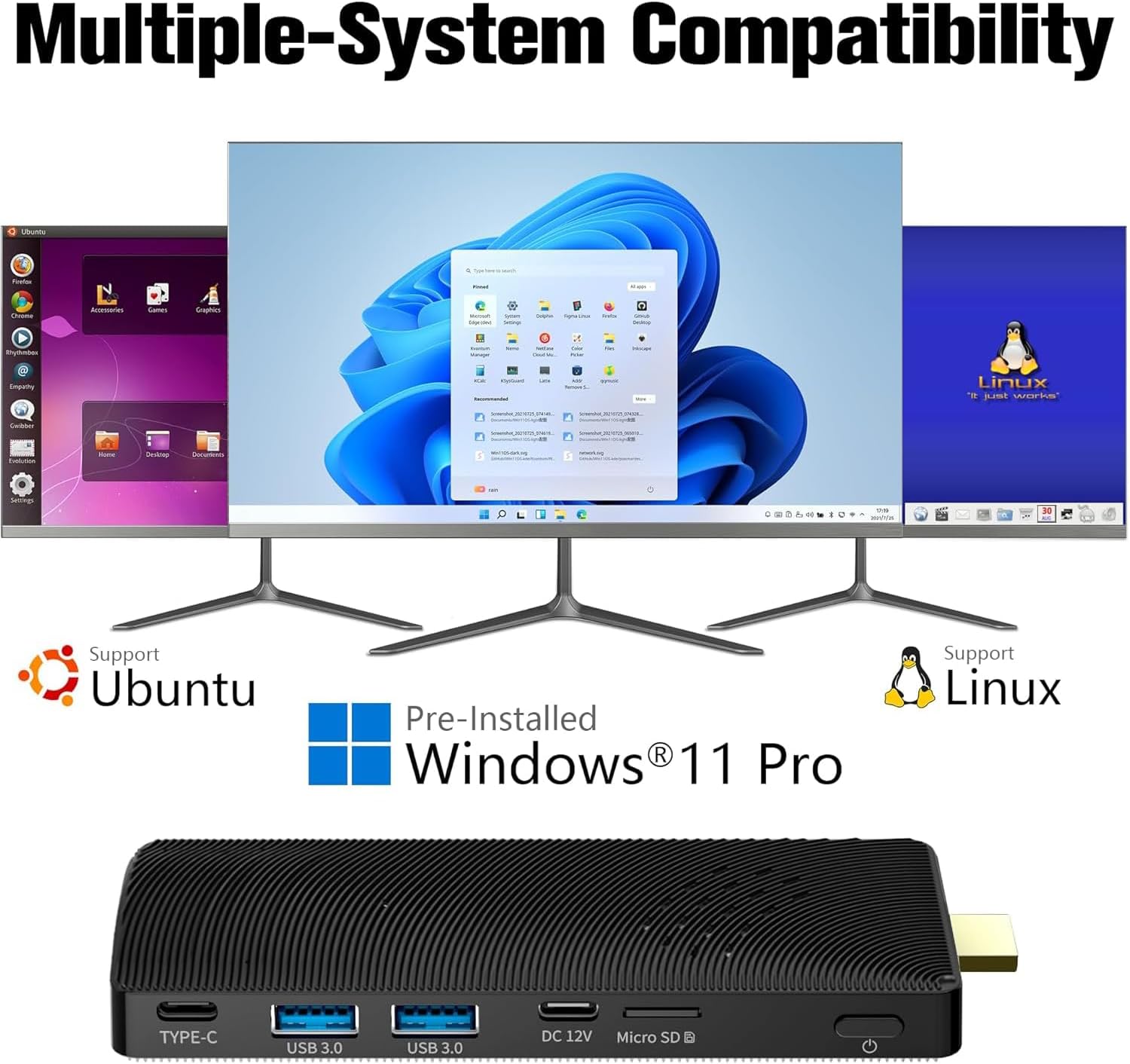 Mini PC Stick Fanless, Celeron J4105, 8GB RAM 128GB Storage, Micro Computer Stick Supports 4K 60HZ HDMI, USB PD3.0, Gigabit Ethernet, Wi-Fi 5 on Business, Industrial, Office, Media, Video