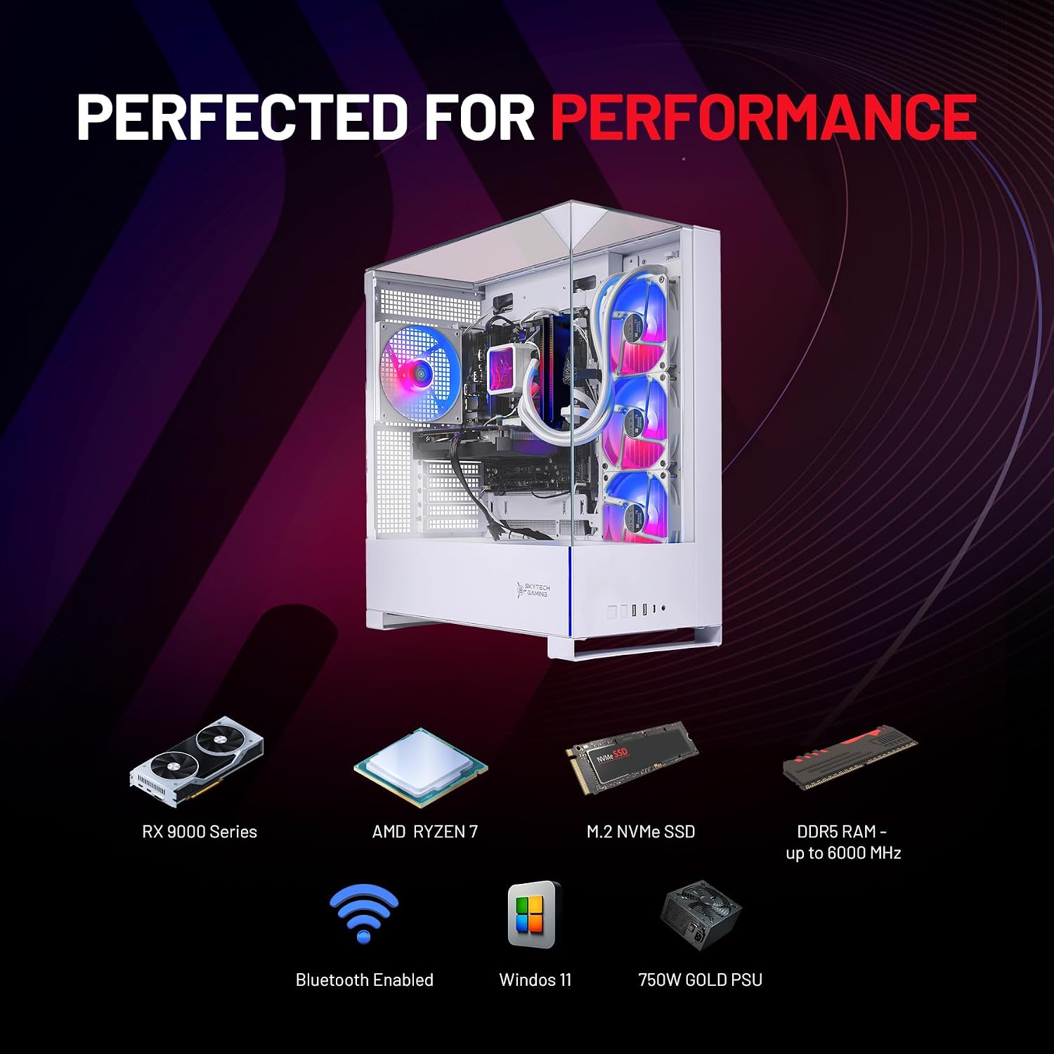 Skytech Gaming Archangel 5 Gaming PC, AMD Ryzen 7 7800X3D 4.2GHz, AMD RX 9070XT 16GB VRAM, 1TB Gen4 NVMe SSD, 32GB DDR5 RAM 6000, 750W Gold PSU, 360 ARGB AIO, WI-FI 5, Windows 11, Desktop