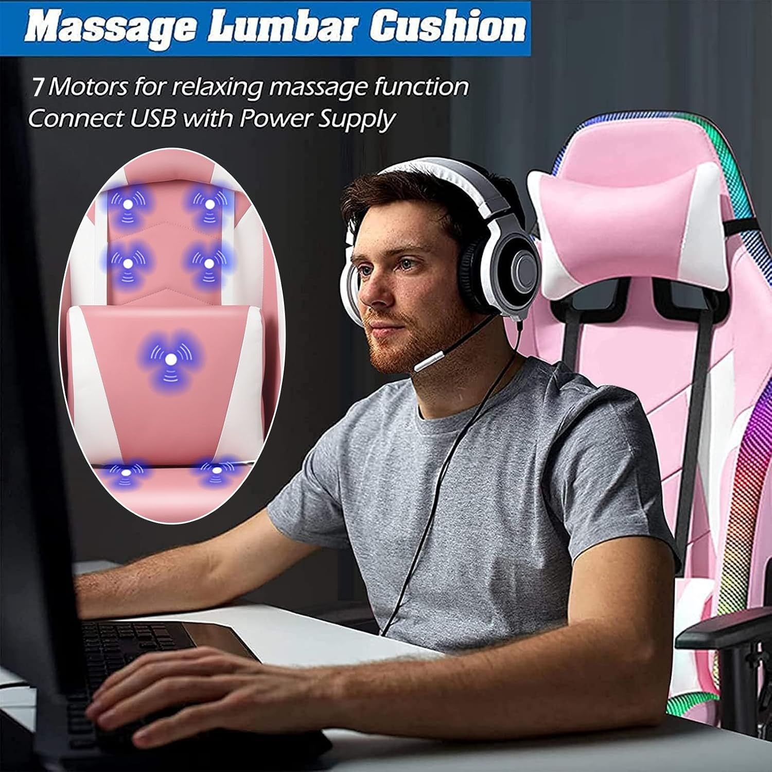 RGB LED Gaming Chair with Seven-Point Massage Function,Computer Chair with Speakers,Ergonomic Chair with Footrest and Lumbar Support,90°-180° Tilt Office Chair,Black