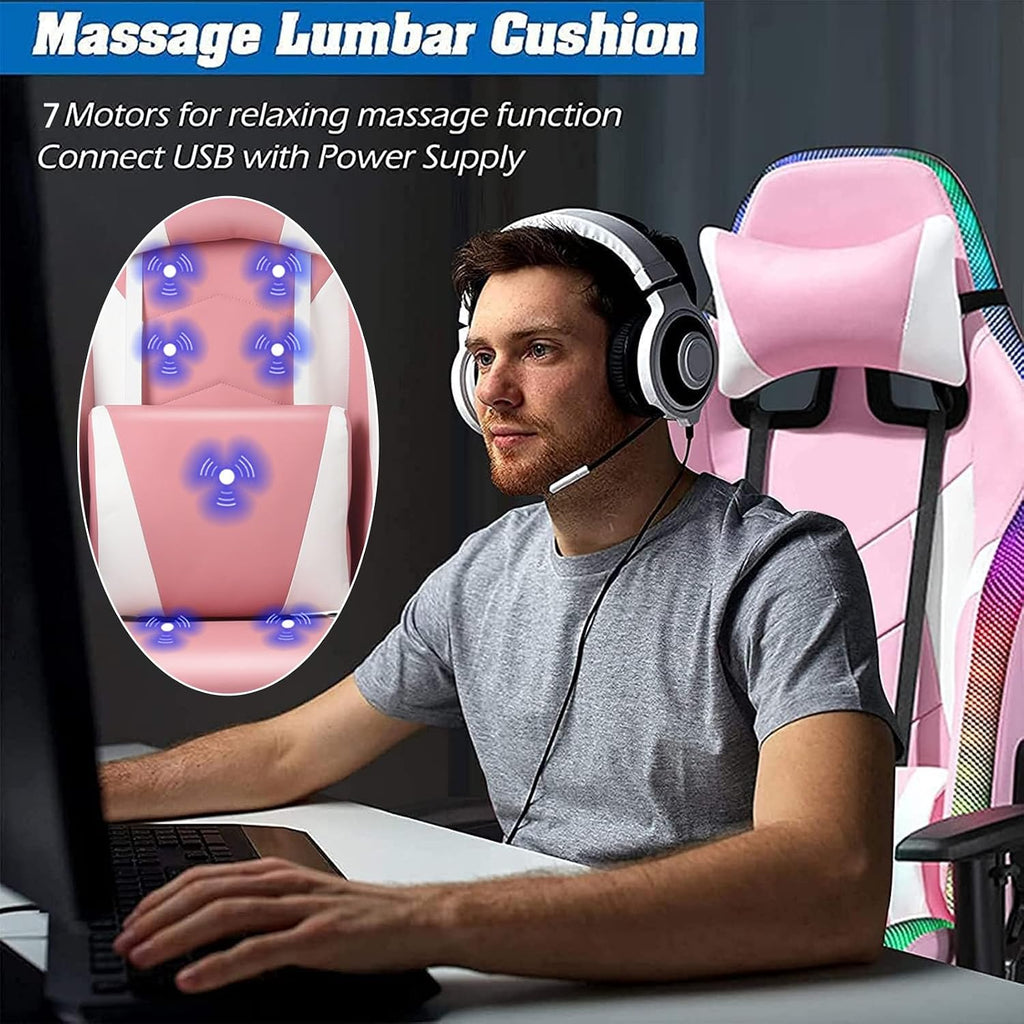 RGB LED Gaming Chair with Seven-Point Massage Function,Computer Chair with Speakers,Ergonomic Chair with Footrest and Lumbar Support,90°-180° Tilt Office Chair,Red