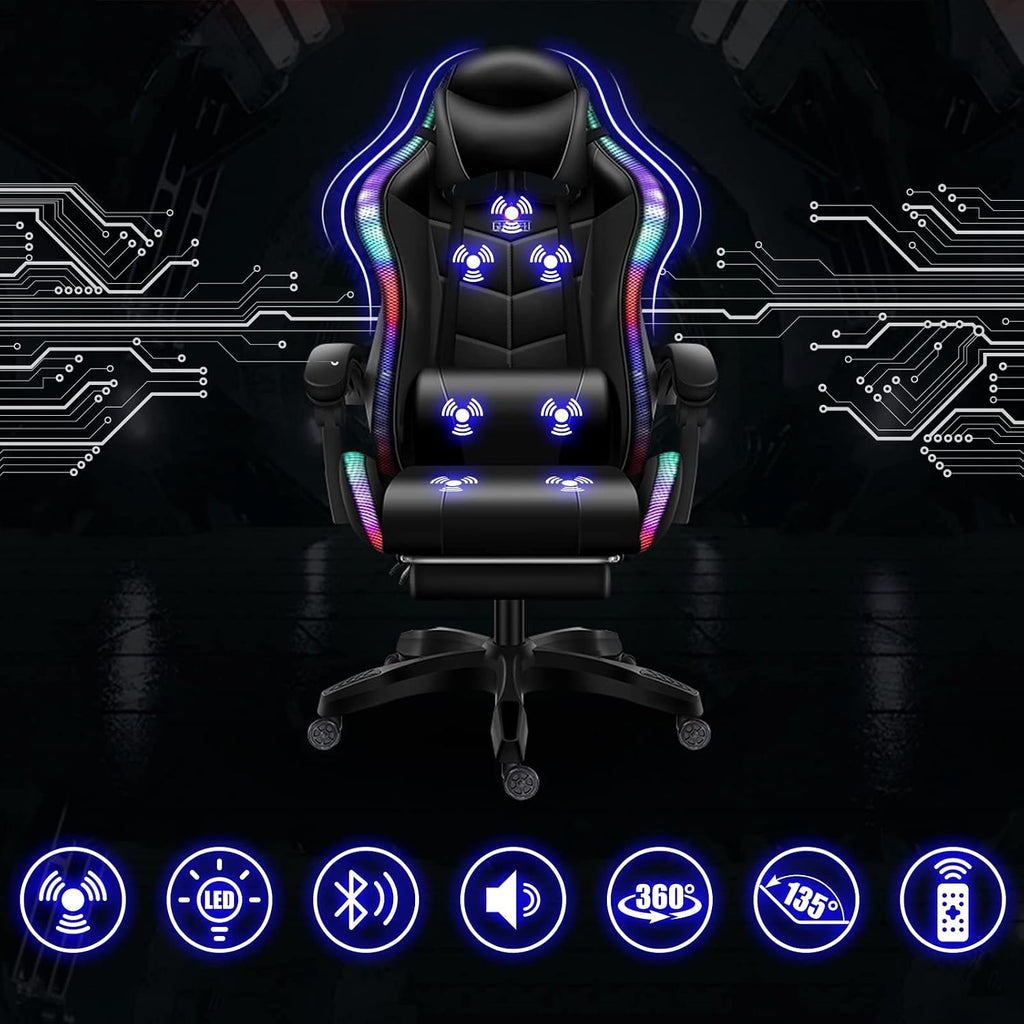 PC Computer Gaming Chair,Music Video Chair with Speakers and LED Lights, Ergonomic Video Gamer Chair with Massage and Footrest, Office Chair with Headrest and Lumbar Support,Racing Chair f