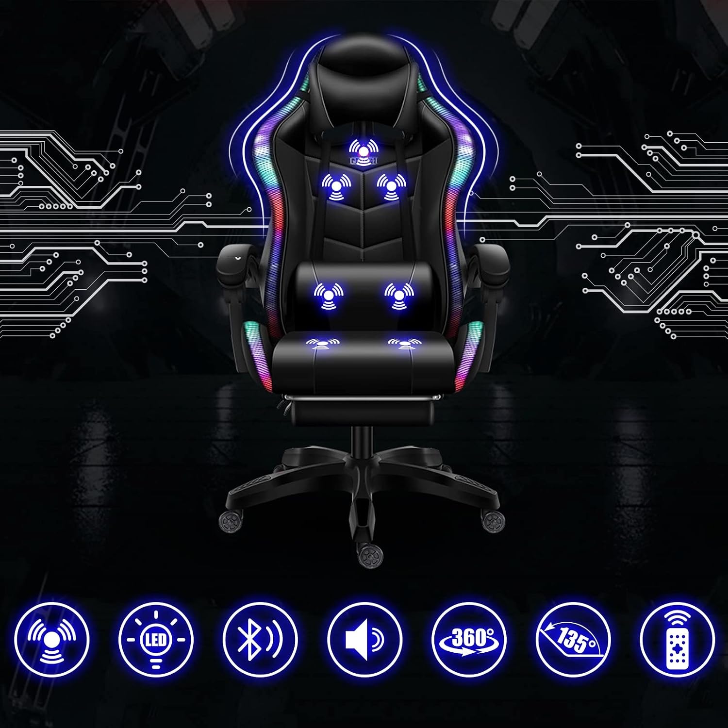 PC Computer Gaming Chair,Music Video Chair with Speakers and LED Lights, Ergonomic Video Gamer Chair with Massage and Footrest, Office Chair with Headrest and Lumbar Support,Racing Chair f