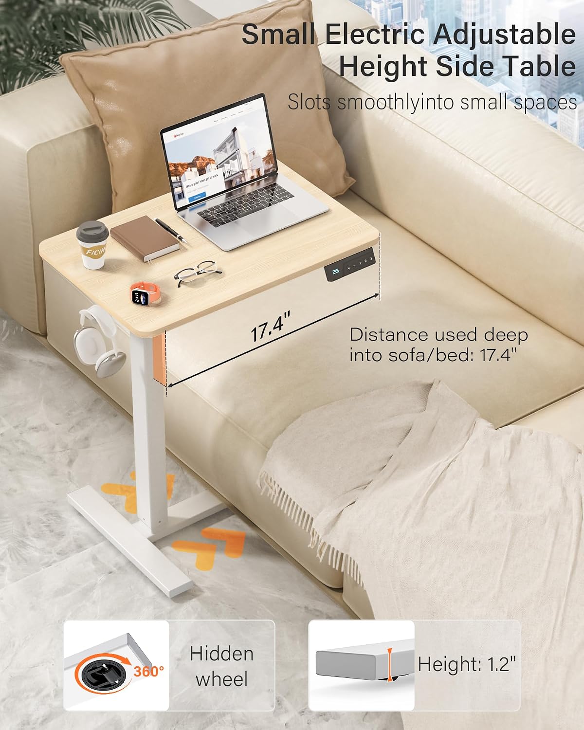 FiCiHi Electric Standing Desk with Wheels – Adjustable Height Mobile Sit-Stand Laptop Table, Portable Rolling Small Computer Workstation for Home Office & Bedside Use (24'x16', Maple)
