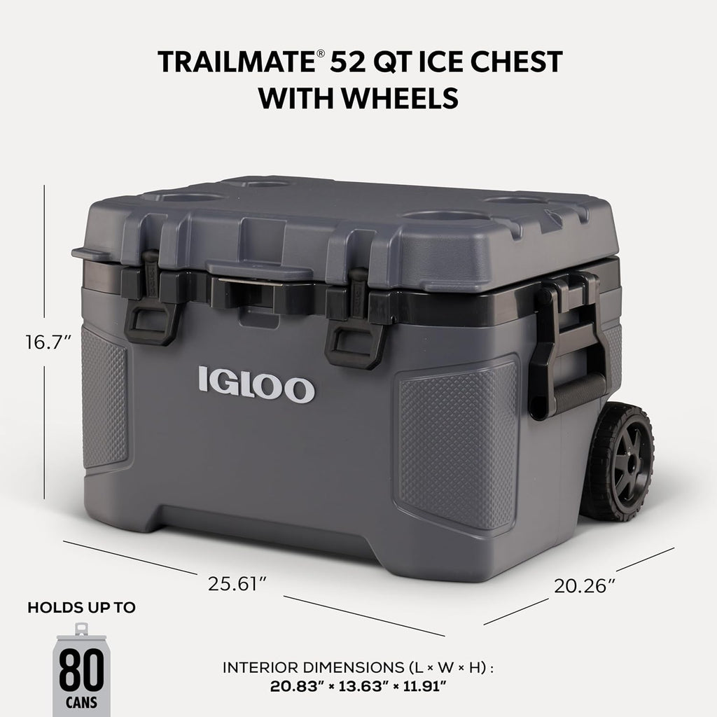 Igloo Trailmate 52Qt Wheeled Cooler, Insulated Hard Shell Ice Chest, Carbonite