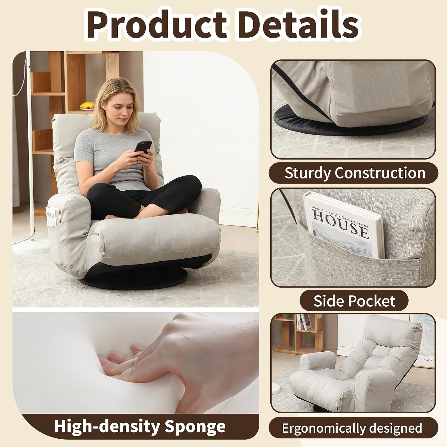 Swivel Lazy Floor Chair, Adjustable Reclining Floor Lounger with Head & Back Support, Comfy Tatami Sofa Seat for Adults Bedroom & Gaming