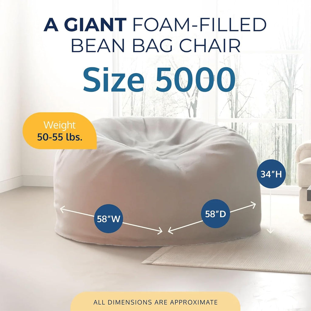 ULTIMATE SACK 5000 5-Foot Bean Bag Chair, Ivory Fur Cover – Oversized Foam Lounger, Floor Seat, Small Sofa, or Couch Bed for Living Area, Gaming Room, or Reading Lounge