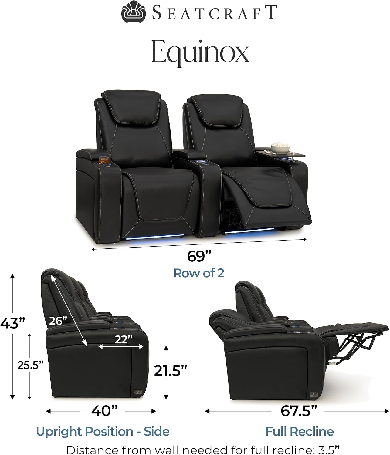 Seatcraft Equinox Zero-Gravity CoolZero Italian Leather Home Theater Seating, Powered Headrest, Powered Lumbar, Powered Recline, Row of 2, Black