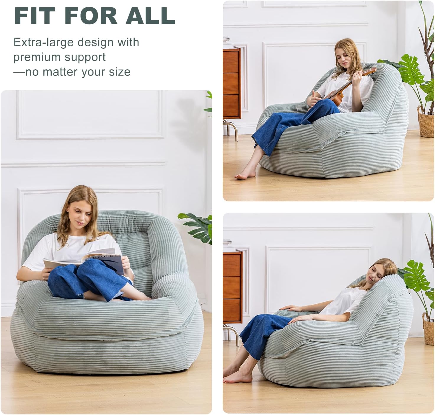 Giant Bean Bag Chair with Armrests - Oversized Cozy Seating for Adults, Corduroy Fabric & High-Resilience Foam Filling, Ideal Lounge for Living Room, Bedroom & Gaming Room (Mint Green)