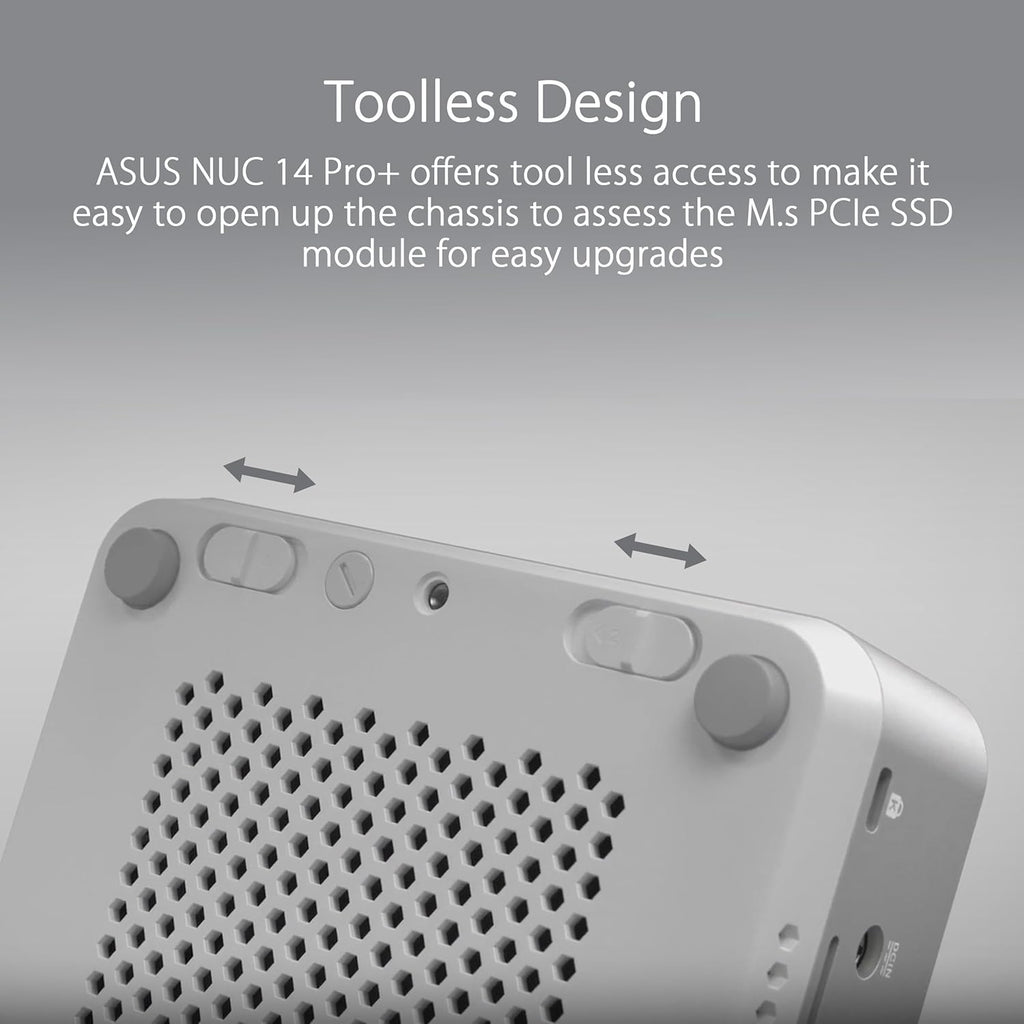 ASUS NUC 14 Pro+ Barebone with Intel 14thGen Core Ultra 9 185H (NPU Support), up to 96GB DDR5 RAM, Dual Storage, Thunderbolt 4, Wi-Fi 6E & Bluetooth 5.3, Silver Aluminum Chassis, with VESA Mount