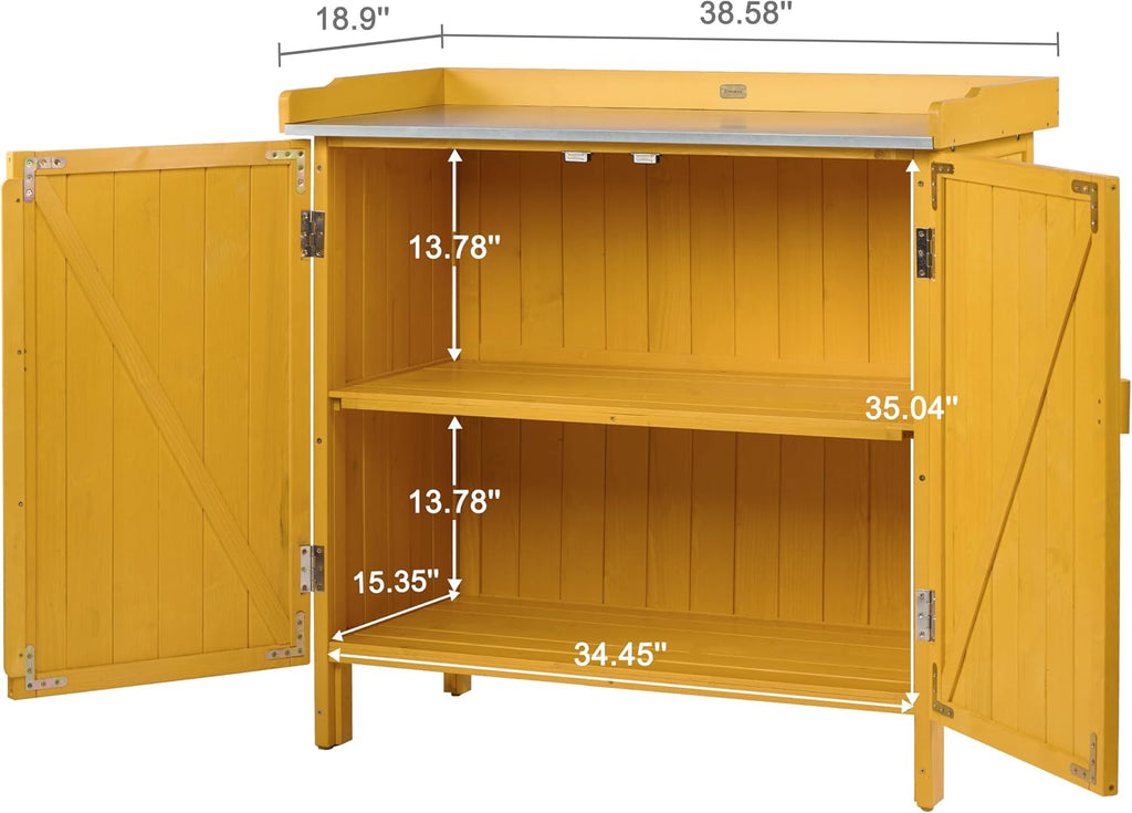HABAU Outdoor Storage Cabinet with Potting Bench & Metal Tabletop, Wooden Planting Workstation for Garden Patio, Weatherproof
