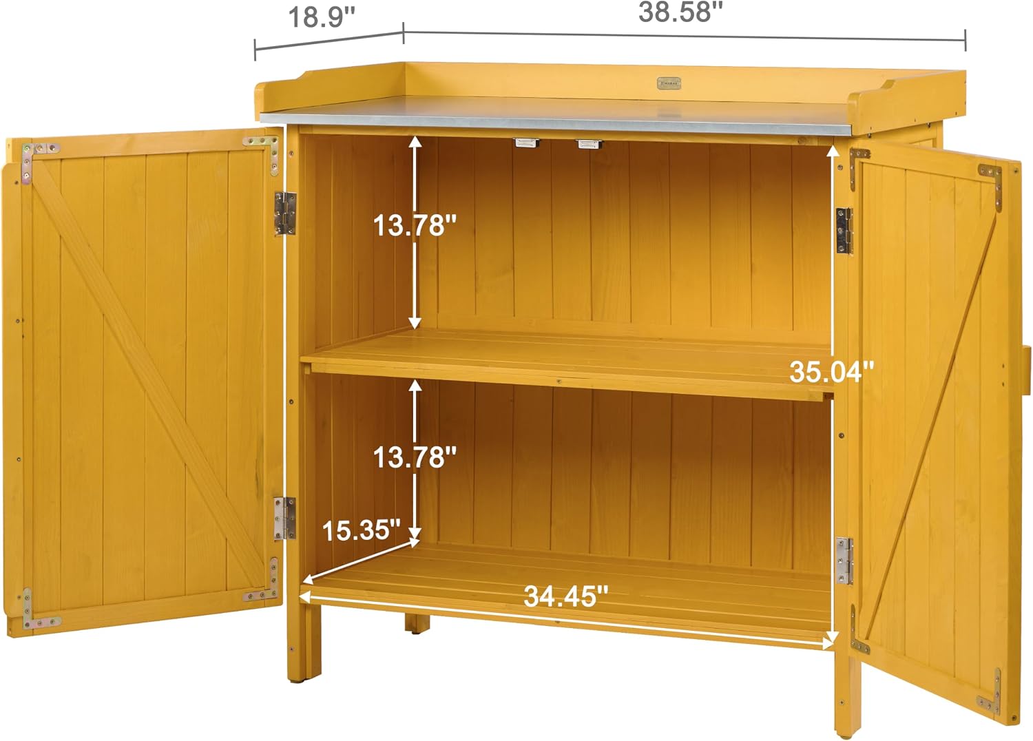 HABAU Outdoor Storage Cabinet with Potting Bench & Metal Tabletop, Wooden Planting Workstation for Garden Patio, Weatherproof