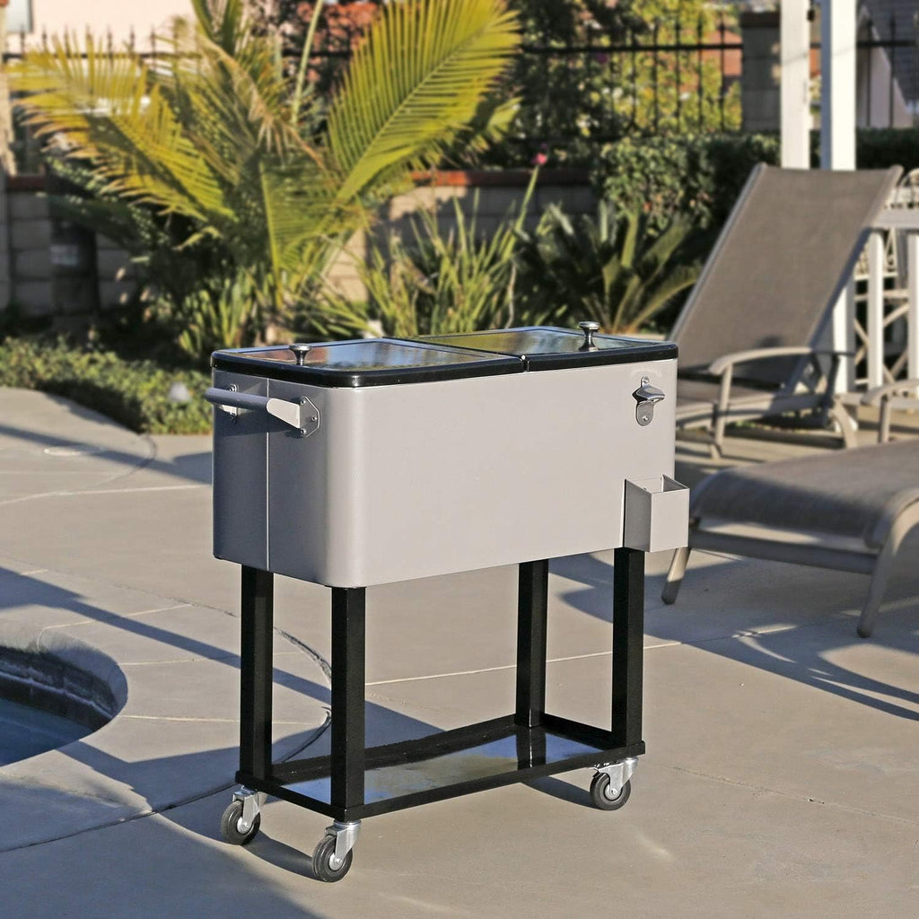80 Quart Qt Rolling Cooler Ice Chest for Outdoor Patio Deck Party, Grey, Portable Party Bar Cold Drink Beverage Cart Tub, Backyard Cooler Trolley on Wheels with Shelf, Stand, & Bottle Opener