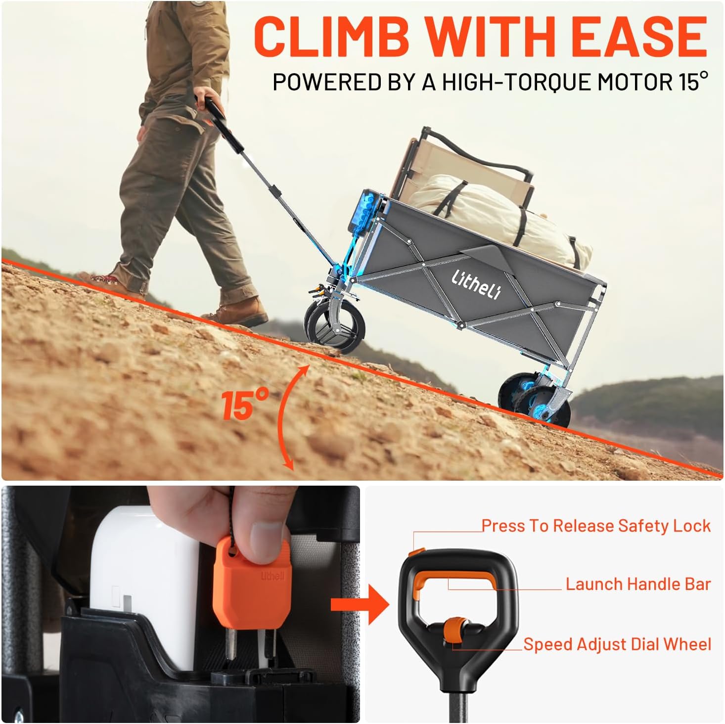 Litheli Electric Collapsible Wagon Cart with Brakes, 100L Grocery Cart with Wheels,Easy to Carry Folding Wagon for Camping, Gardening, Shopping