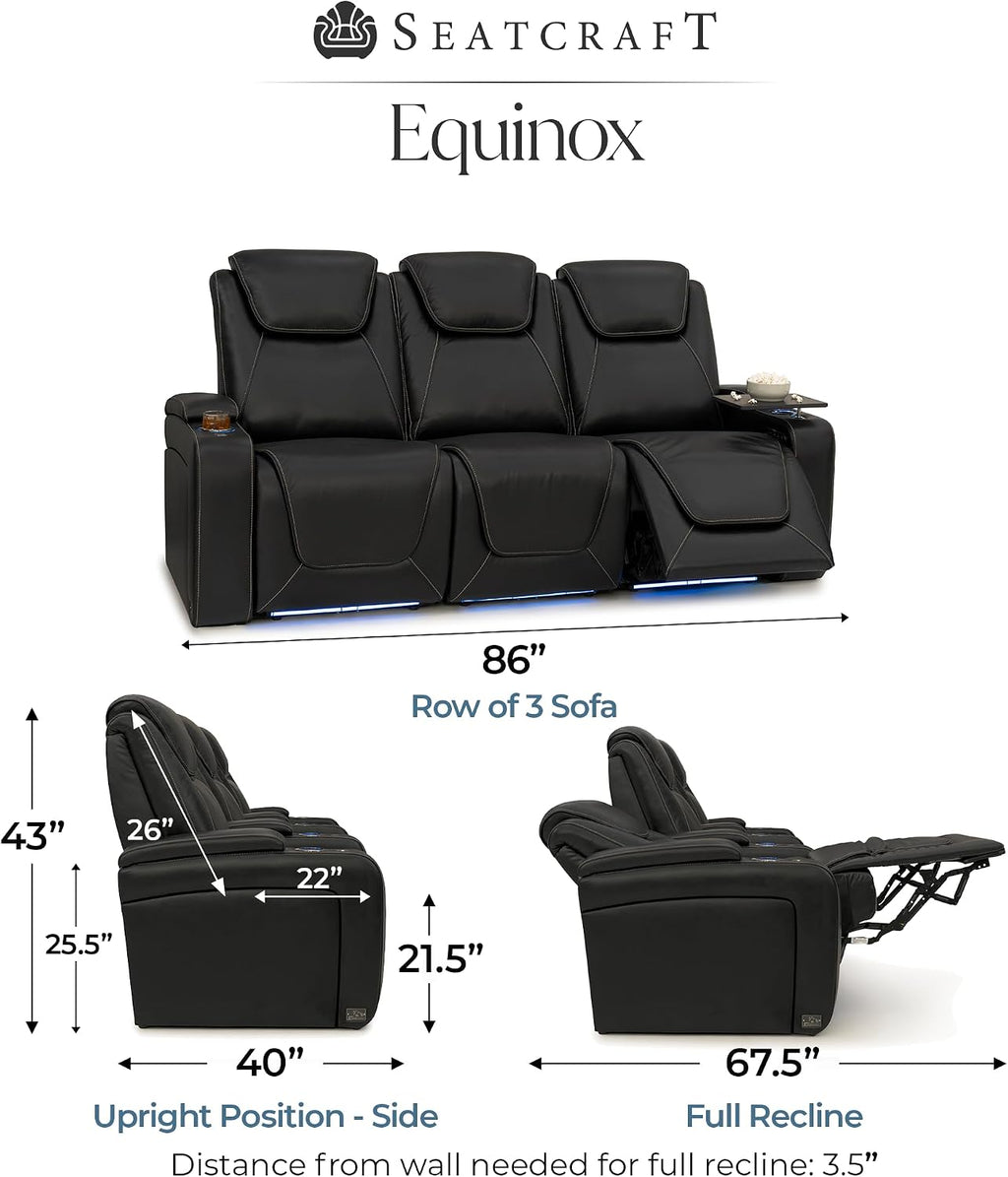 Seatcraft Equinox Zero-Gravity CoolZero Italian Leather Home Theater Seating, Powered Headrest, Powered Lumbar, Powered Recline, Row of 3 Sofa, Black
