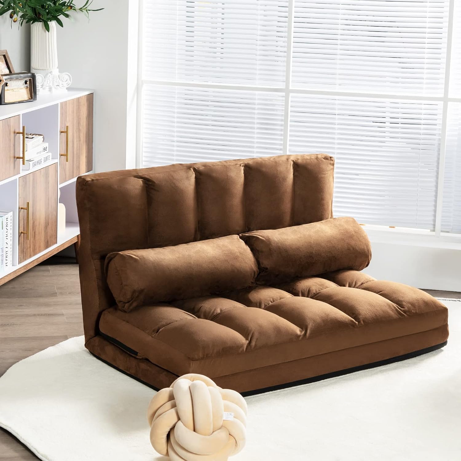 DORTALA Foldable Floor Sofa, 6-Position Adjustable Lounge Couch with 2 Pillows & Suede Cloth Cover, Modern Lounge Mattress Video Gaming Lazy Couch, Suede Floor Seating Sofa, 71' x 44.5', Beige