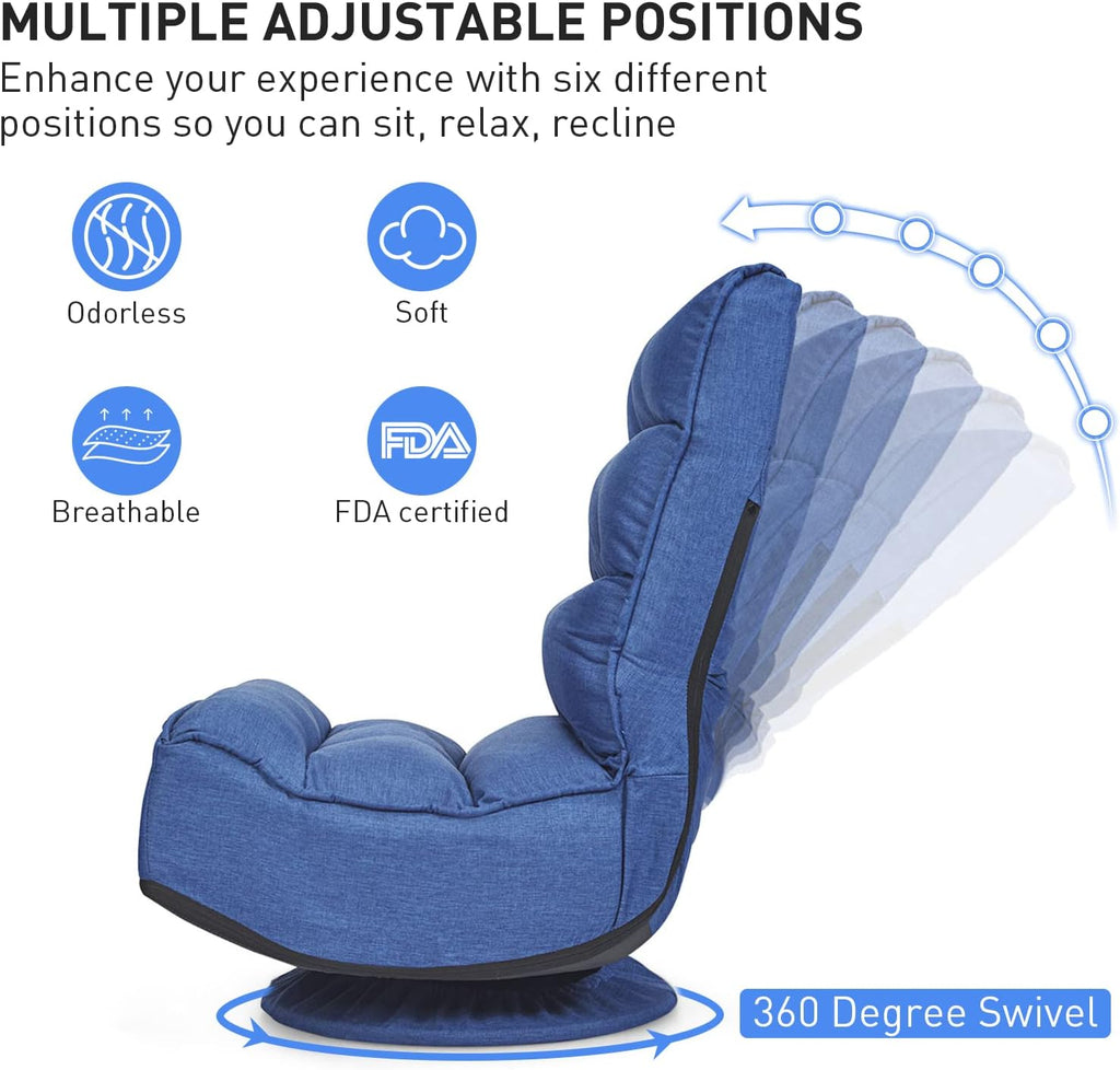 ERGOMASTER Reclining Folding Floor Gaming Chair for Home, Office and Lounging, Reading w/ 360-Degree Swivel, 5 Adjustable Positions, Tufted Cushions （Blue）
