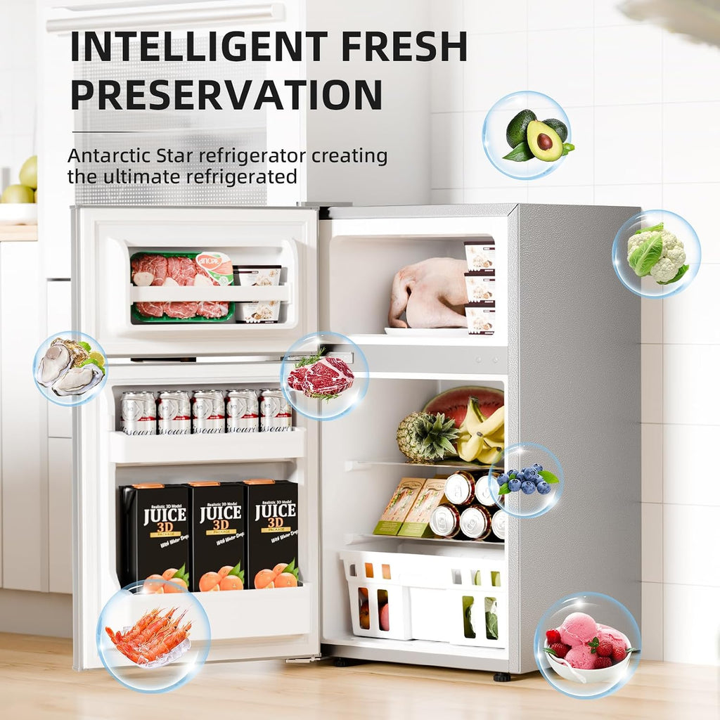 Antarctic Star Compact Refrigerator with Freezer,2 Door Mini Fridge,Adjustable Shelf,Adjustable Thermostat,for Bedroom,Office,Dorm,Kitchen,3.2 Cu.Ft.GREY