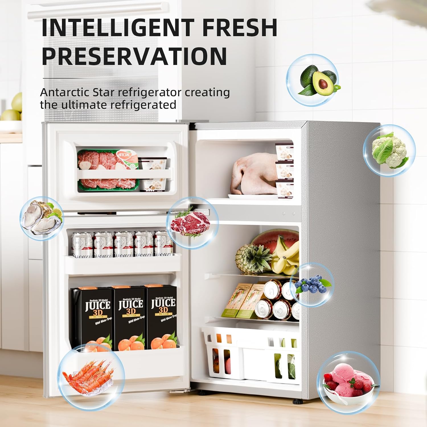 Antarctic Star Compact Refrigerator with Freezer,2 Door Mini Fridge,Adjustable Shelf,Adjustable Thermostat,for Bedroom,Office,Dorm,Kitchen,3.2 Cu.Ft.GREY