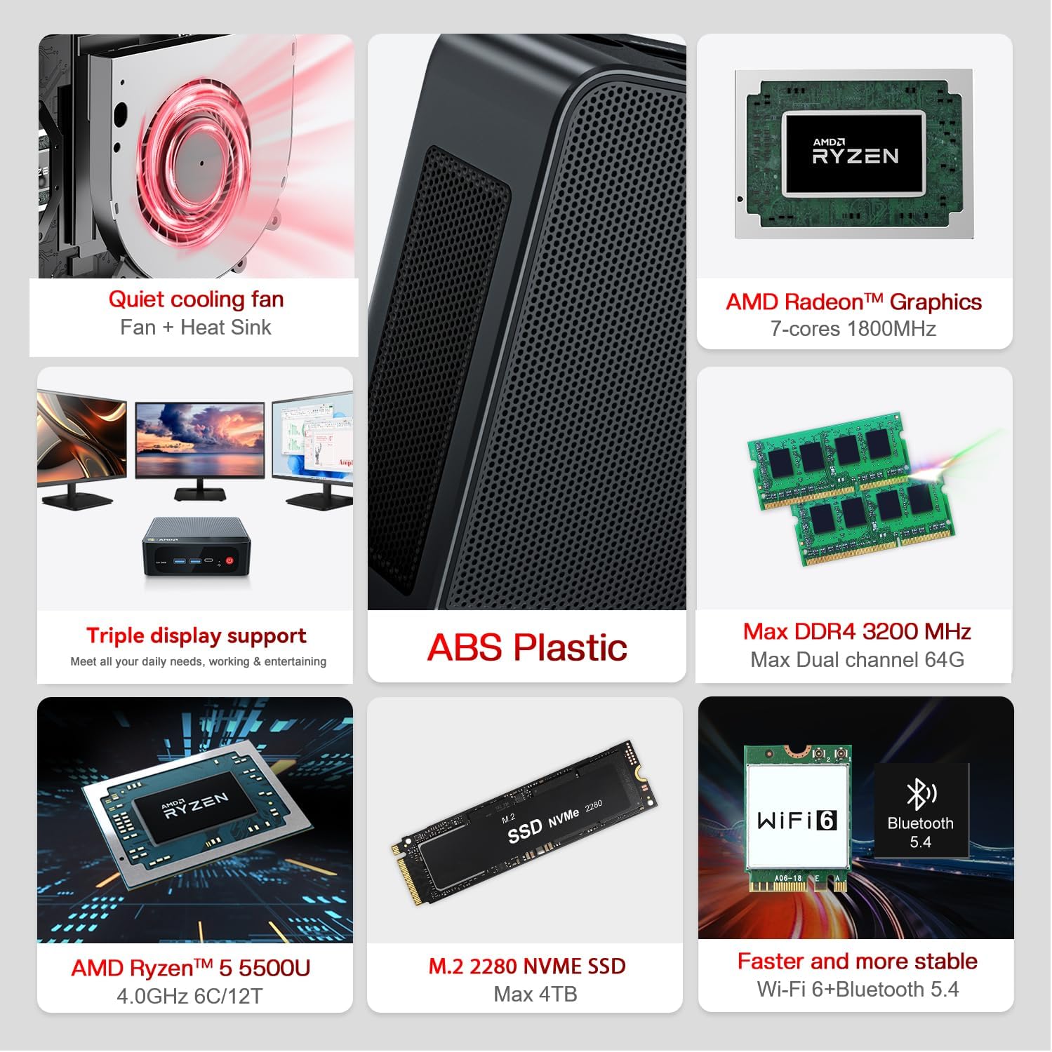 Beelink SER5 Mini PC,AMD Ryzen 5 5500U(6C/12T,up to 4.0 GHz),Mini Computer 32GB DDR4 RAM 500GB M.2 SSD Graphics 7core 1800MHz,Support 4K Triple Display/HDMI+DP+Type-C/Wifi6/BT5.4,Auto Power On