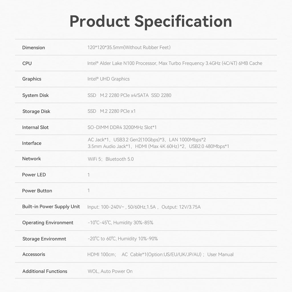 N100 Mini PC, Intel Alder Lake N100, 16GB DDR4 500GB PCIe3.0 SSD, Dual LAN Mini Computer Support 4K Dual HDMI, WiFi5/BT5.0/USB3.2, Built-in 45W Power Supply Office Desktop PC
