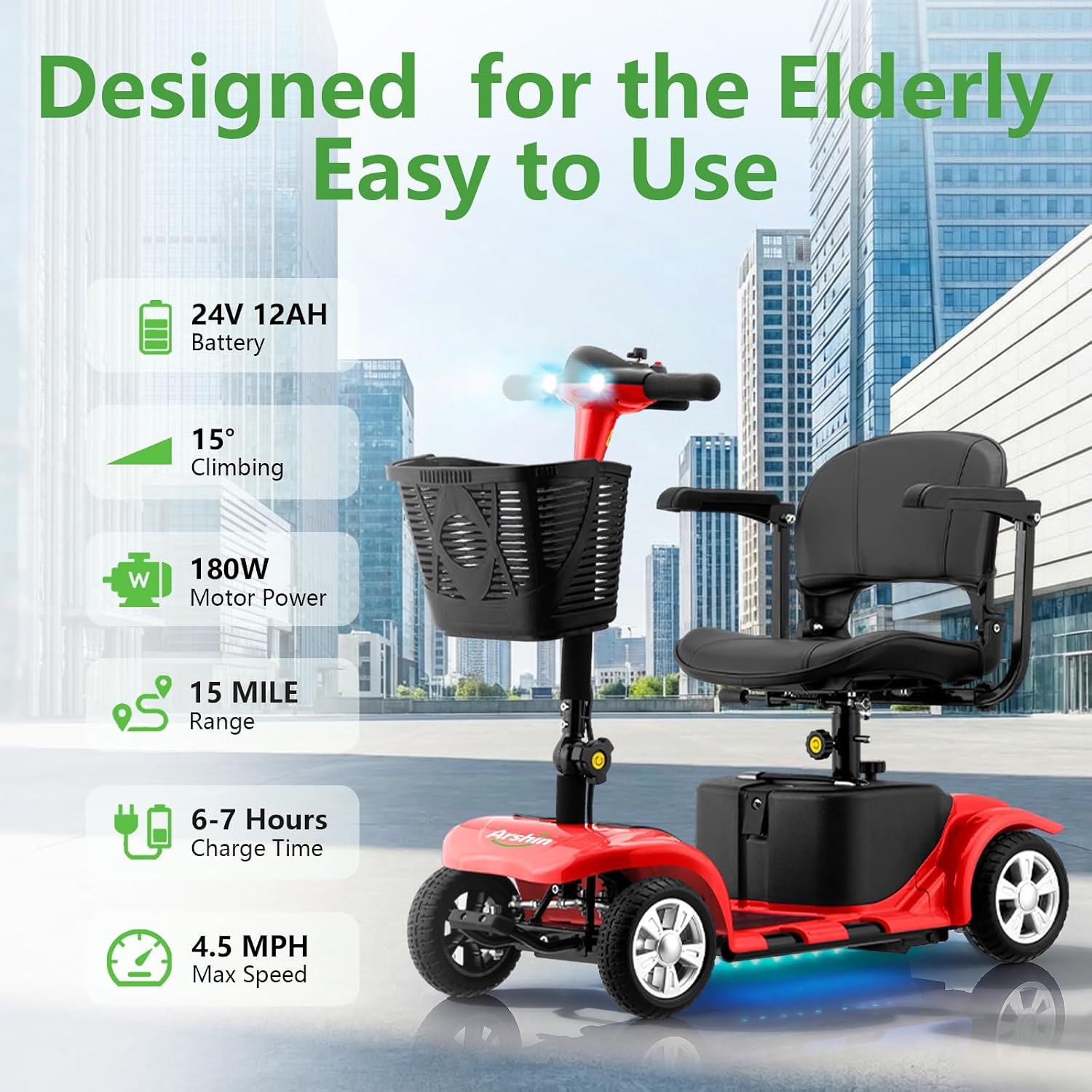 Mobility Scooter for Adults, Senior, 4 Wheels Electric Powered Chargeable Device for Travel, Lightweight and Portable, with LED Headlights and Basket, Charger Included, Red/Blue (RED red)