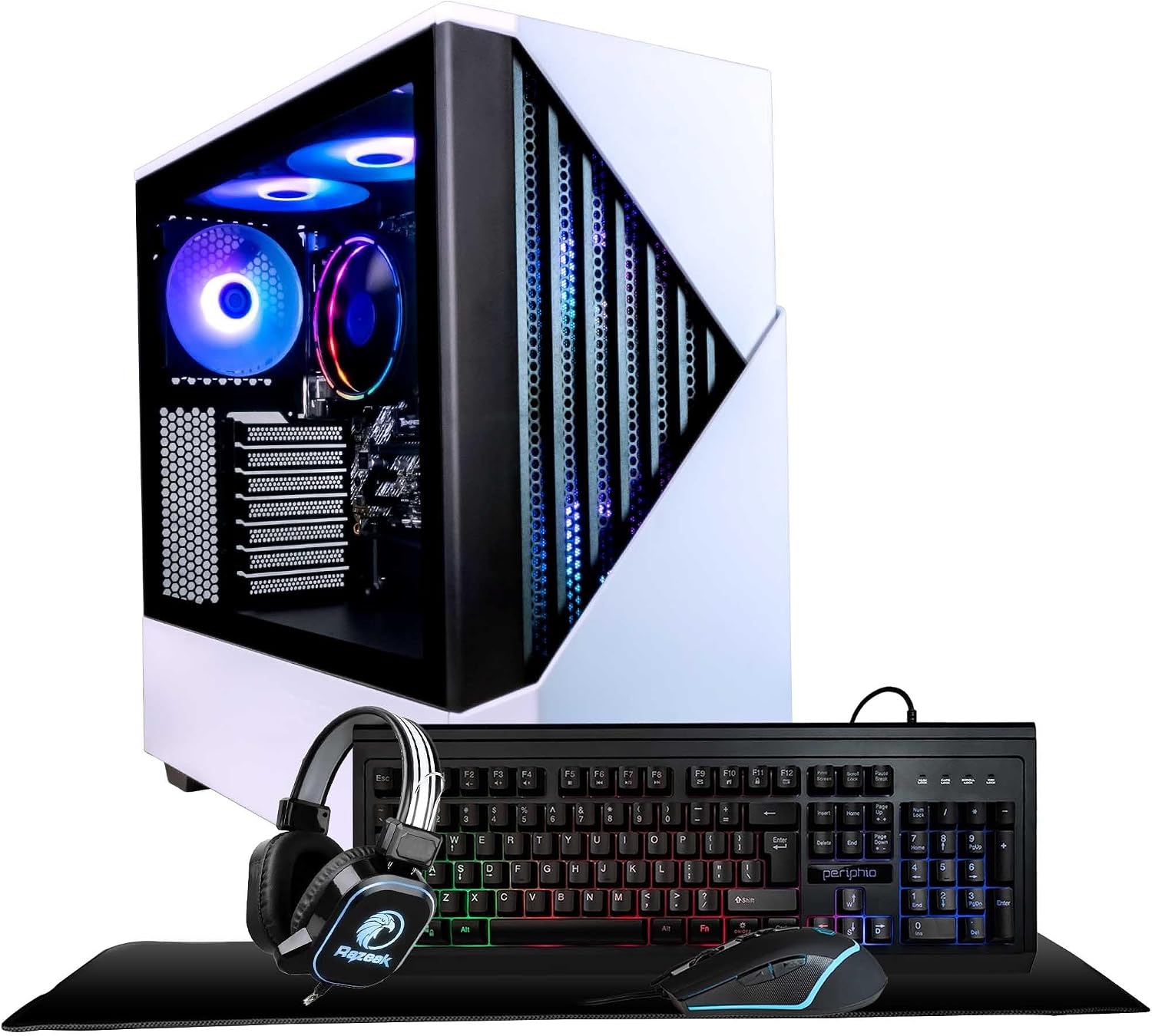 Periphio Castle Gaming PC, AMD Ryzen 5 5600GT up to 4.6 GHz with Radeon Vega 7 Graphics, 32GB DDR4 RAM, 1TB NVMe SSD, WiFi, Windows 11 Desktop Computer, Black, 1080p PC Gaming - RGB 4-in-1 Bundle