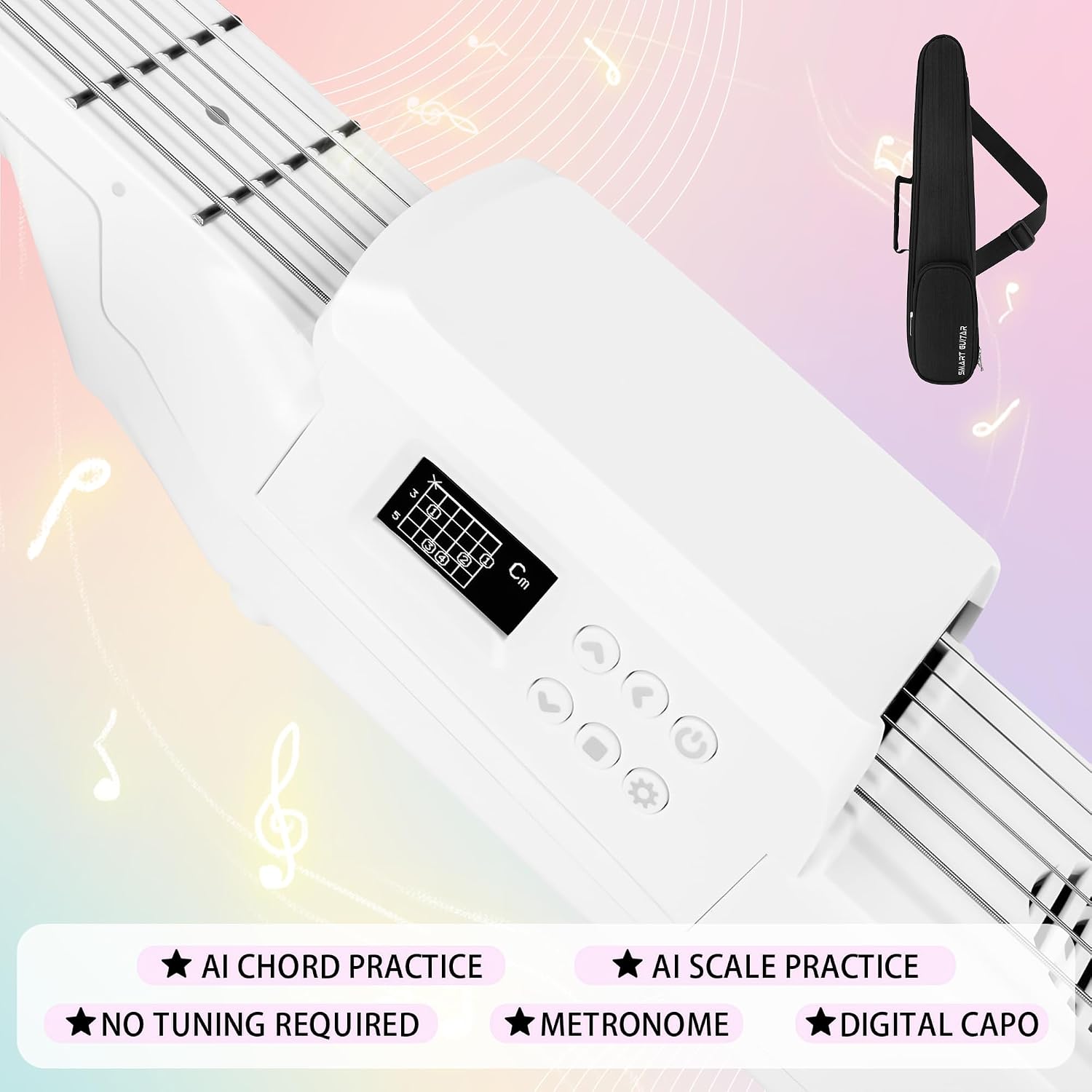USB Charging Smart Acoustic Electric Travel Chord Practice Portable Guitar Neck for Beginner AI LCD (WHITE)