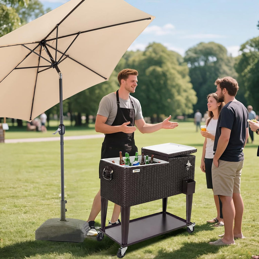 VINGLI 80 Quart Rolling Ice Chest on Wheels, Portable Patio Party Bar Drink Cooler Cart, Wicker PP Rattan with Shelf, Beverage Pool with Bottle Opener